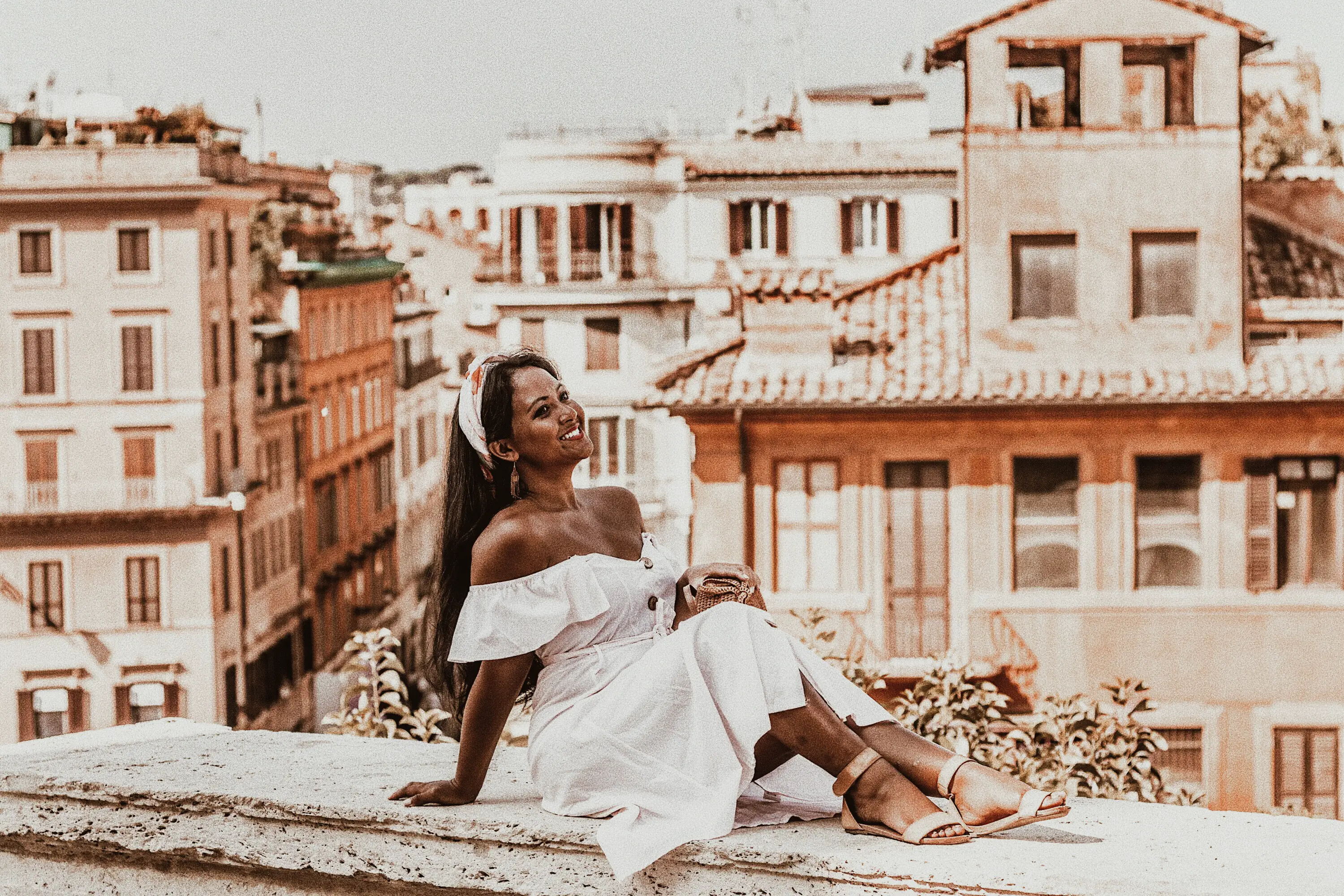 How-To-Wear-Off-Shoulder-Dress-Light-Blush-Pink-Button-Down-Dress-Rattan-Straw-Basket-Bag-Flat-Sandal-Headwrap-Paris-Chic-Style-Fashion-Lookbook-Street-Style-ootd Outfit Of The Day-Rome-Italy-3