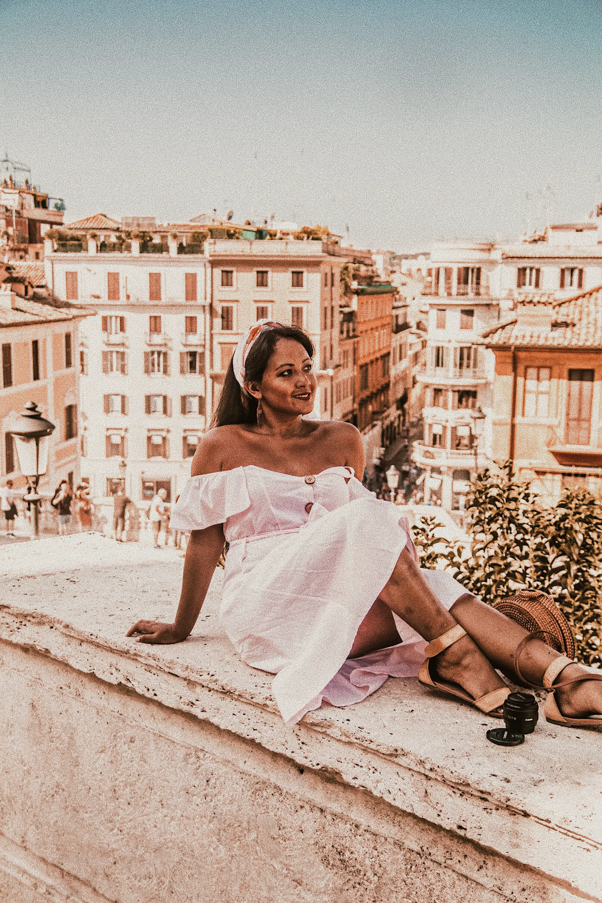 How-To-Wear-Off-Shoulder-Dress-Light-Blush-Pink-Button-Down-Dress-Rattan-Straw-Basket-Bag-Flat-Sandal-Headwrap-Paris-Chic-Style-Fashion-Lookbook-Street-Style-Rome-Italy-5