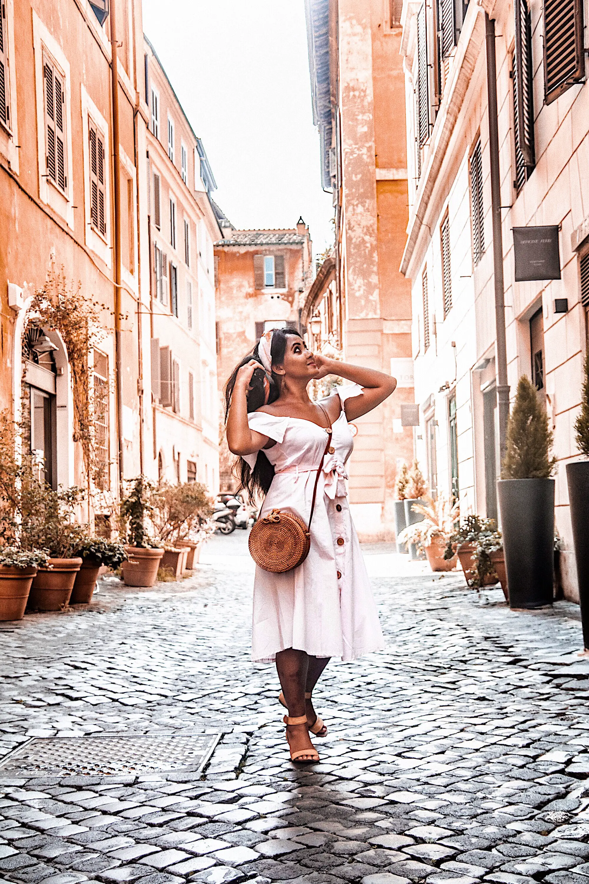 How-To-Wear-Off-Shoulder-Dress-Light-Blush-Pink-Button-Down-Dress-Rattan-Straw-Basket-Bag-Flat-Sandal-Headwrap-Paris-Chic-Style-Fashion-Lookbook-Street-Style-Rome-Italy-ootd Outfit Of The Day-6