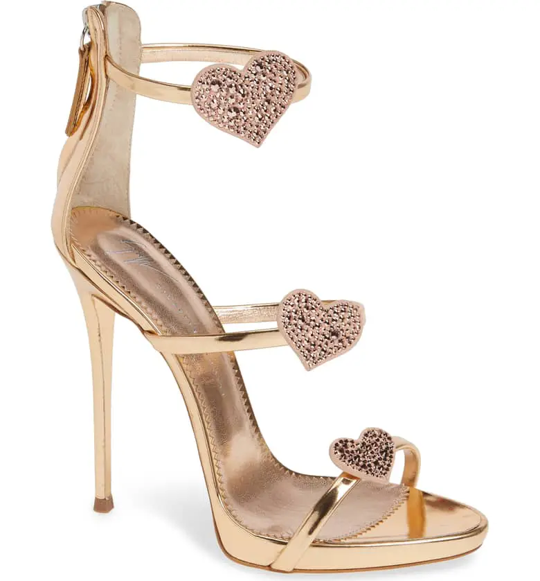 What Color Shoes To Wear With A Red Dress Rose Gold Heels Triple Heart Strappy Sandal GIUSEPPE ZANOTTI Paris Chic Style 6