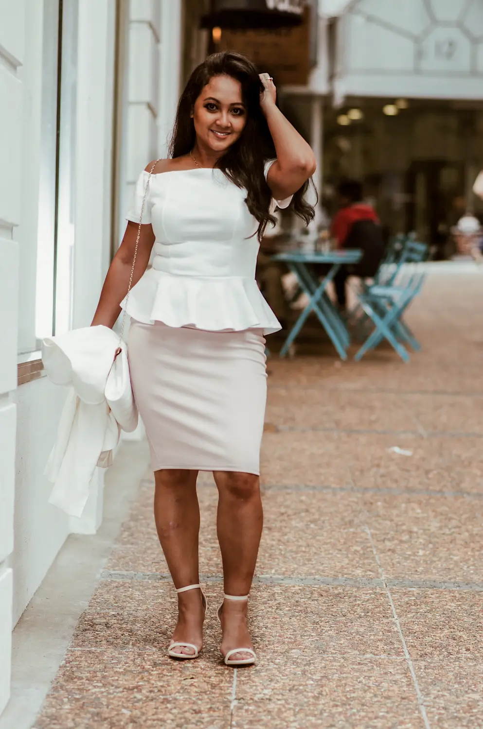 How to wear a pencil skirt peplum top off the shoulder top parisian style