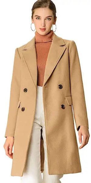 Allegra K Best Double Breasted Coat For Women- Belted Mid Long French Style Winter Coat Paris Chic Style