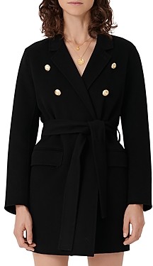 Maje Parisian Style Black Coat For Women Fashionable Belted Wool Blend Coat Paris Chic Style